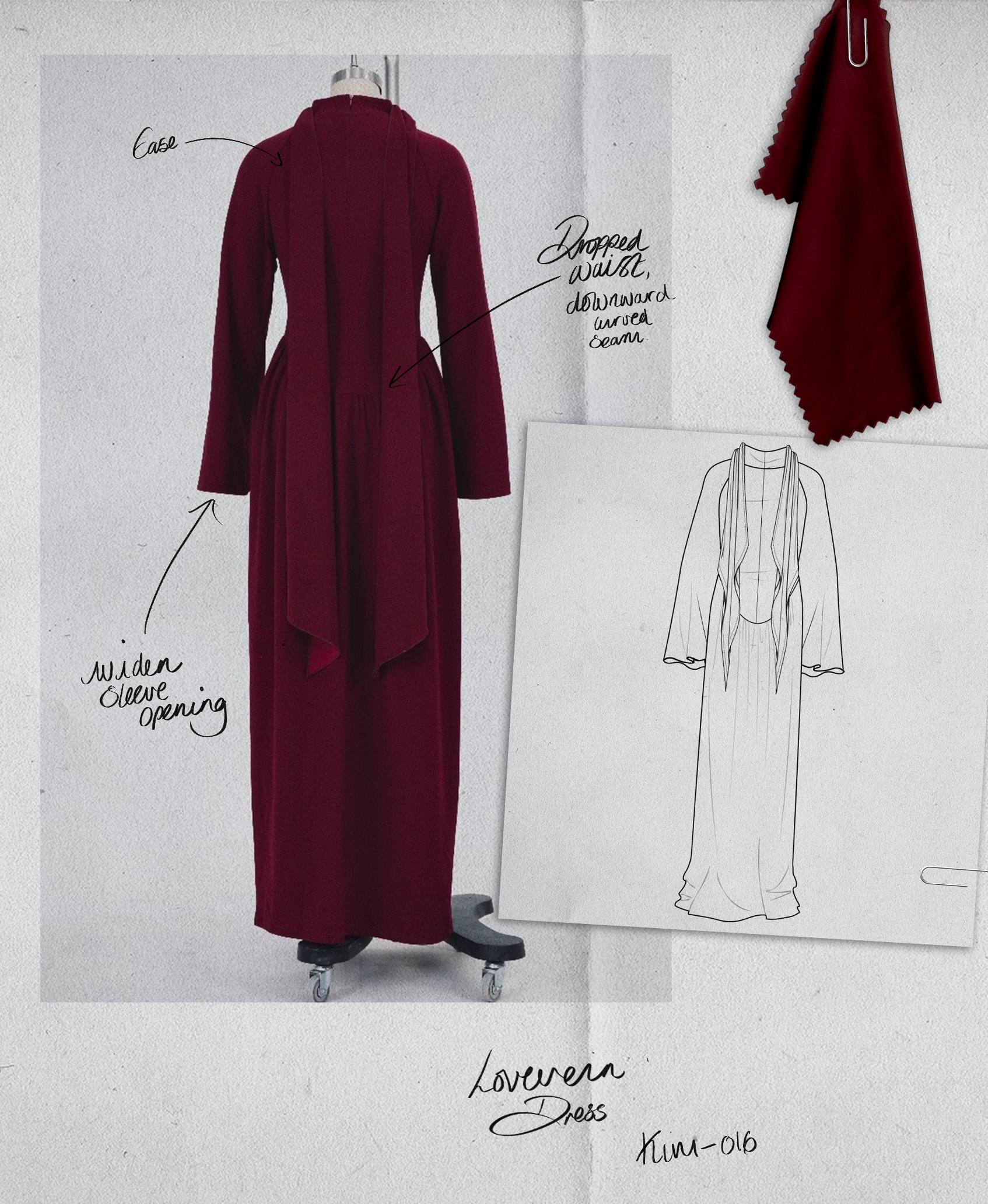 An unreleased design from Kimesca’s development archive called the 'Lovevein' dress. The modest dress features a dropped waist seam and long draped layers in the back.