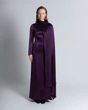 Womens modest maxi dress in purple, ideal for weddings, formal events, and special occasions.